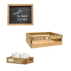 Three Piece Decorative Wood Bathroom Set, Small, Cabin/Lodge/Rustic