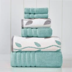 6-Piece Yarn Dyed Towel Set Organic Vines Coral