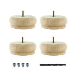 2 In X 5-1/2 In Unfinished Hardwood Round Bun Foot, 4 Pack W/ 4 Free Insert Nuts And Drill Bit