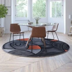 Orange 7' X 7' Round Abstract Design Area Rug