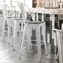 White Metal Stool With Gray Poly Seat