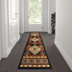 Black 2 X 7 Southwestern Style Patterned Area Rug