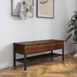 Entryway Storage Bench With Lower Shelf Perfect For Entryway, Mudroom, Or Bedroom In Walnut