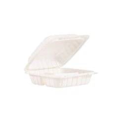 ProPlanet, HINGED LID THREE COMPARTMENT CONTAINERS, 8.3in X 8in X 3in, WHITE, 150PK