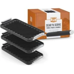 Three Cast Iron Trays & Handle Set