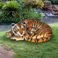 Life-Size Resting Bengal Tigress And Cub Statue