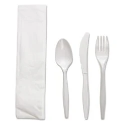 Four-Piece Cutlery Kit, Fork/Knife/Napkin/Teaspoon, White, Polypropylene, 250PK