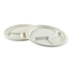 Bagasse Molded Fiber Dinnerware, 3-Compartment Plate, 10", Wht, PK500