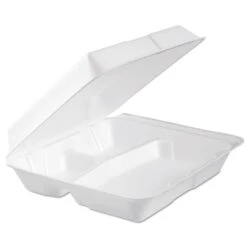 Foam Hinged Lid Container, 3-Comp, 9.3 X 9 1/2 X 3, White, PK200