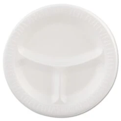 Laminated Foam Plates, 9" Dia, White, Round, 3 Compartments, PK500