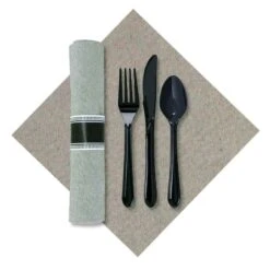 7.5" X 4.25" Linen-Like CaterWrap Onyx Gray Pre-Rolled Dinner Napkins With Black Cutlery PK 100
