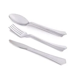Shiny Metallic Silver Groove Plastic Cutlery Set - Spoons, Forks And Knives (600 Guests), 1800PK