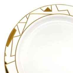 10.25" White W/Black And Gold Abstract Squares Pattern Round Plastic Dinner Plates, 120 Plates, 120PK