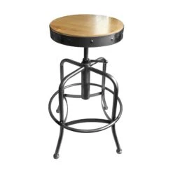 Adjustable Stool, Clear Coat Finish, Natural Distressed Hardwood Seat