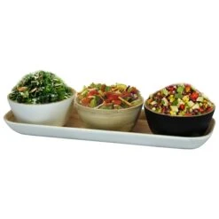 White Bamboo Tray With Three Tricolor Bowls, In Natural, Black, And White