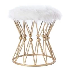 Round Gold Metal Stool With White Fur Top