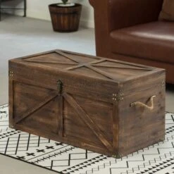 Vintiquewise Brown Large Wooden Lockable Trunk Farmhouse Style Rustic Design Lined Storage Chest W/Rope Handles -Zoro Tools Shop Quickway20Imports20Inc 691672xxe40be2
