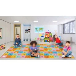 6 Ft. Social Distancing Colorful Kids Classroom Seating Area Rug, Emoji Mask Design, 8 X 15 Ft XL