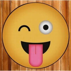 Emoji Style Round Funny Smiley Face Kids Area Rug, Winky Tongue Out Emoji Rug, 24 X 24