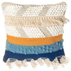 16 Boho Handwoven Cotton Throw Pillow With Tassels, Blue