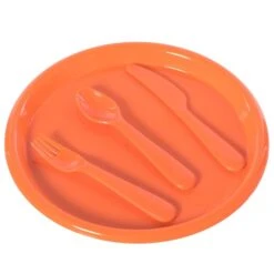 Reusable Cutlery Set Of 4 Plastic Plates, Spoons, Forks And Knives For Baby And Toddlers, Orange