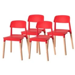 Modern Plastic Dining Chair Open Back With Beech Wood Legs, Red, PK 4