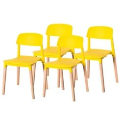 Modern Plastic Dining Chair Open Back With Beech Wood Legs, Yellow, PK 4