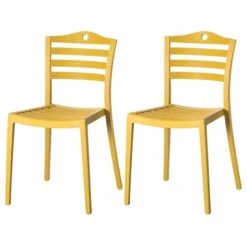 Modern Plastic Dining Chair With Ladderback Design, Yellow, PK 2