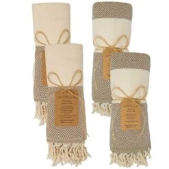 100% Cotton Turkish Hand Towels And Bath Towels, Diamond Peshtemal, Beige, PK 2