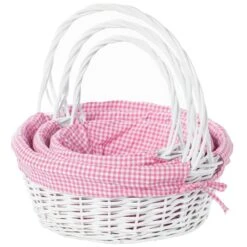 Vintiquewise White Round Willow Gift Basket, With Pink And White Gingham Liner And Handles, Set Of 3