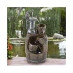 4-tier Old Fashion Hand Pump Fountain Polyresin Barrel Cascading Waterfall With LED Lights, Outdoor