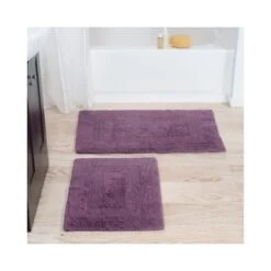 2-piece 100 Percent Cotton Bath Mat Set, Reversible, Soft, Absorbent , Washable Rugs (Eggplant)