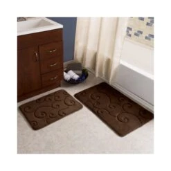 2 Pc Memory Foam Bath Mat Set By Hastings Home -Coral Fleece Embossed - Chocolate