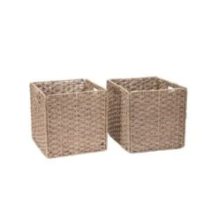 Set Of 2 Hastings Home 12-Inch Square Hand Weaved Wicker Foldable Baskets Made Of Water Hyacinth