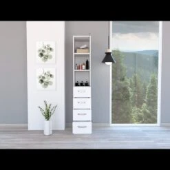 Vanguard Linen Cabinet, Three Shelves, Four Drawers, White