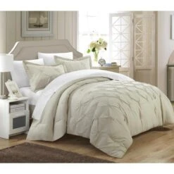 Ronika Pinch Pleat Pintuck Duvet Cover Set With Sheets - Beige - King - 7 Piece