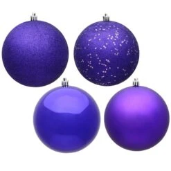 12 In. Purple 4 Finish Assorted Color Christmas Ornament Ball, 4PK