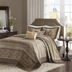 5 Piece Jacquard Bedspread Set - Brown, King Size