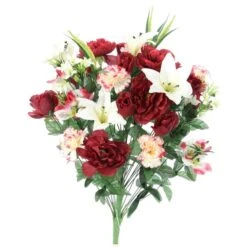 Admired By Nature ABN1B001-BG-CM 40 Stems Artificial Full Blooming Lily; Rose Bud; Carnation & Mum With Greenery Mixed Flower - Burgundy & Cream