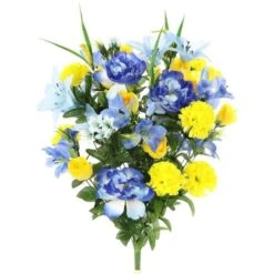 Admired By Nature ABN1B001-BL-YW 40 Stems Artificial Full Blooming Lily; Rose Bud; Carnation & Mum With Greenery Mixed Flower Bush - Blue & Yellow