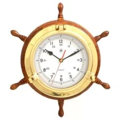 Bey-Berk International SQ509 Lacquered Brass Porthole Quartz Clock With Ships Wheel In Oak Wood & Gold