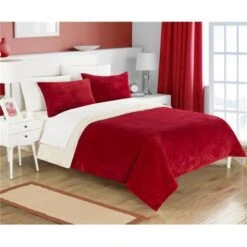 Chic Home SB1567-US 3 Piece Eve Microplush Mink-Like Super Soft Sherpa Lined Queen Comforter Set With Contrast Stitching Detail; Burgundy