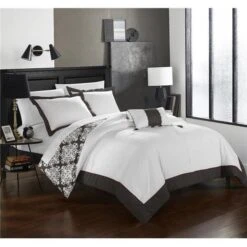 Chic Home DS2056-BIB-US 8 Piece Floyd Grey & White Reversible Medallion Printed Plush Hotel Collection King Bed In A Bag Duvet Set; Grey With Sheet Set