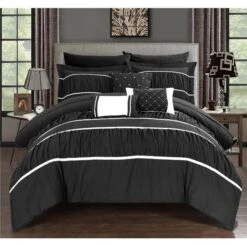 Chic Home CS2129-US Penelope Pleated & Ruffled Bed In A Bag Comforter Set With Sheets - Black - Queen - 10 Piece