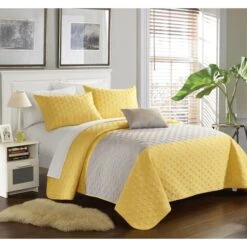 8 Piece Ellias Geometric Quilting Embroidery King Quilt Set, Yellow With White Sheets