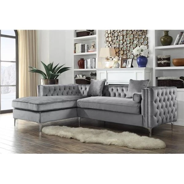 Chic Home FSA2580 Monet Velvet Modern Contemporary Button Tufted With Silver Nailhead Trim Silvertone Metal Y-Leg Left Facing Sectional Sofa; Grey 1 Chic Home FSA2580 Monet Velvet Modern Contemporary Button Tufted With Silver Nailhead Trim Silvertone Metal Y-Leg Left Facing Sectional Sofa; Grey
