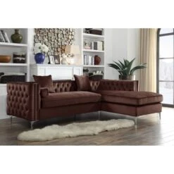 Monet Velvet Modern Contemporary Button Tufted Right Facing Sectional Sofa, Brown