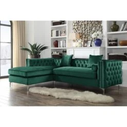 Monet Velvet Modern Contemporary Button Tufted Left Facing Sectional Sofa, Green