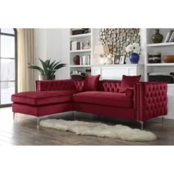 Monet Velvet Modern Contemporary Button Tufted Left Facing Sectional Sofa, Red