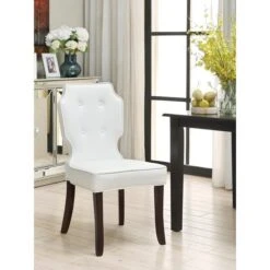 Star PU Leather Modern Contemporary Button Tufted Wooden Leg Dining Chair, White, 2PK